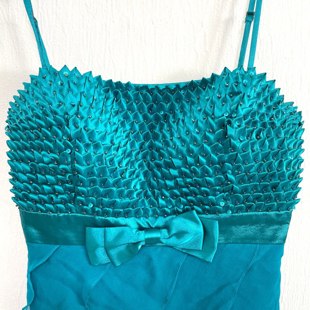 VTG Sue Wong Nocturne Babydoll Silk Blend Evening Mini Dress 4 Teal Beaded Fairy - Picture 3 of 16